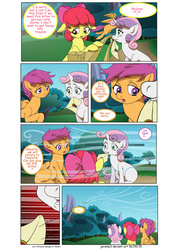 Size: 1600x2261 | Tagged: safe, artist:jeremy3, apple bloom, scootaloo, sweetie belle, earth pony, pony, comic:everfree, g4, comic, cutie mark crusaders, everfree forest, fence, letter, mouth hold, welp, wind