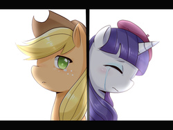 Size: 1024x768 | Tagged: safe, artist:shouyu musume, applejack, rarity, g4, crying, duo, pixiv, sad