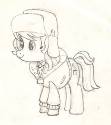 Size: 1800x2022 | Tagged: safe, artist:chronicle23, march gustysnows, earth pony, pony, g4, princess spike, clothes, coat, female, hat, mare, monochrome, solo, traditional art, ushanka