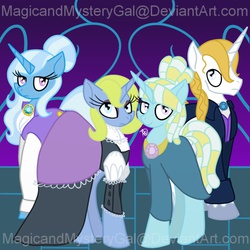 Size: 894x894 | Tagged: safe, artist:magicandmysterygal, prince blueblood, trixie, oc, oc:aura spark, oc:tidal comet, pony, unicorn, g4, female, male, mare, offspring, older, older prince blueblood, older trixie, parent:prince blueblood, parent:trixie, parents:bluetrix, ship:bluetrix, shipping, straight