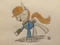 Size: 1024x768 | Tagged: safe, artist:professionalpuppy, oc, oc only, oc:littlepip, pony, unicorn, fallout equestria, clothes, dancing, fanfic, fanfic art, female, happy, horn, jumpsuit, mare, pipbuck, simple background, solo, traditional art, vault suit