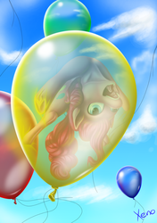 Size: 600x852 | Tagged: safe, artist:the1xeno1, pinkie pie, earth pony, pony, g4, backbend, balloon, bridge stretch, female, flexible, open mouth, pinkie pie trapped in a balloon, solo, then watch her balloons lift her up to the sky