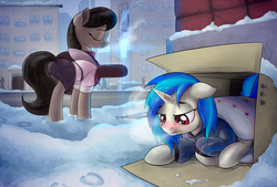 Size: 1600x1080 | Tagged: safe, artist:anti1mozg, dj pon-3, octavia melody, vinyl scratch, earth pony, human, pony, unicorn, fanfic:broken toy, g4, alley, breath, cardboard box, clothes, duo, duo female, fanfic, fanfic art, female, floppy ears, homeless, horn, mare, outdoors, red nosed, sad, snow, snowfall, winter