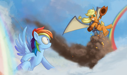 Size: 5164x3079 | Tagged: safe, artist:siegahertz, applejack, rainbow dash, g4, flying, jetpack