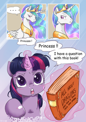 Size: 1500x2122 | Tagged: safe, artist:dsp2003, artist:mrs1989, princess celestia, twilight sparkle, g4, book, colored, comic, duckface, filly, filly twilight sparkle, spike the messenger