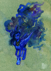 Size: 2370x3311 | Tagged: safe, artist:arainmorn, princess luna, g4, female, high res, impossibly long hair, impossibly long tail, long mane, long tail, solo, traditional art, watercolor painting