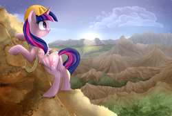 Size: 2087x1401 | Tagged: safe, artist:segraece, twilight sparkle, alicorn, pony, g4, crepuscular rays, dawn, female, folded wings, hard hat, hat, mare, mountain, mountaineering, rope, solo, sunrise, twilight sparkle (alicorn), wings