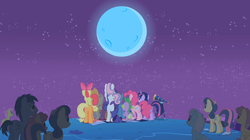 Size: 1808x1009 | Tagged: safe, edit, edited screencap, screencap, apple bloom, applejack, blues, bon bon, dizzy twister, fluttershy, linky, merry may, noteworthy, orange swirl, pinkie pie, rainbow dash, rarity, scootaloo, shoeshine, spike, sweetie belle, sweetie drops, twilight sparkle, g4, owl's well that ends well, blue moon, cutie mark crusaders, mane seven, mane six, moon, night