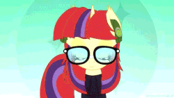 Size: 640x360 | Tagged: safe, artist:an-m, moondancer, pony, unicorn, abstract background, adorkable, animated, blinking, clothes, cute, dancerbetes, dancing, dork, ear tufts, eyes closed, featured image, female, gif, glasses, headbob, headphones, lidded eyes, looking at you, mare, one eye closed, party soft, smiling, solo, sweater, turtleneck, vibing, wink