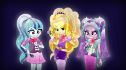 Size: 5395x3000 | Tagged: dead source, safe, artist:meteor-spark, adagio dazzle, aria blaze, sonata dusk, equestria girls, g4, .svg available, bedroom eyes, crystallized, glowing, grin, microphone, raised eyebrow, smiling, smirk, sparkles, the dazzlings, trio, vector