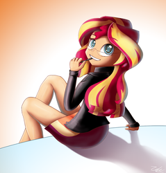 Size: 1050x1100 | Tagged: safe, artist:zelc-face, sunset shimmer, equestria girls, g4, clothes, cute, female, glasses, shimmerbetes, sitting, skirt, solo