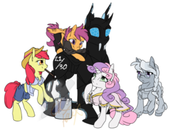Size: 900x675 | Tagged: safe, artist:ck-fauxst, apple bloom, scootaloo, silver spoon, sweetie belle, oc, oc:21 of 30, changeling, robot, g4, cutie mark crusaders, fanfic, fanfic art, paint