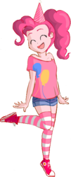 Size: 248x615 | Tagged: artist needed, safe, pinkie pie, human, g4, clothes, converse, female, hat, hot pants, humanized, magical friends, party hat, socks, solo, striped socks