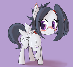 Size: 1200x1092 | Tagged: safe, artist:arkiiwarki, rumble, pegasus, pony, g4, alternate hairstyle, blushing, choker, cute, ear blush, eyelashes, floppy ears, foal, looking at you, male, raised hoof, smiling, solo, spread wings, trap, wavy mouth