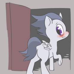 Size: 1200x1195 | Tagged: safe, artist:arkiiwarki, rumble, ask trap-rumble, g4, blushing, butt, colt, door, doorway, feathered wings, looking back, male, one leg raised, plot, raised hoof, solo, trap, wings