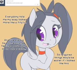 Size: 1200x1087 | Tagged: safe, artist:arkiiwarki, rumble, oc, oc:anon, ask trap-rumble, g4, alternate hairstyle, ask, choker, cute, dialogue, eyelashes, foal, male, solo, trap, tumblr