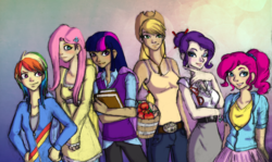 Size: 1632x972 | Tagged: safe, artist:chipperpony, applejack, fluttershy, pinkie pie, rainbow dash, rarity, twilight sparkle, human, g4, humanized, mane six, winged humanization