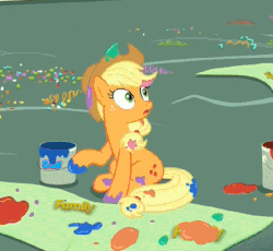 Size: 582x536 | Tagged: safe, edit, screencap, applejack, g4, party pooped, animated, discovery family, discovery family logo, female, frown, gak, image macro, logo, meme, misspelling, paint, paint in hair, paint on fur, painting, sitting, smiling, splat, splatoon, talking