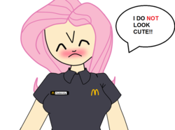 Size: 957x716 | Tagged: safe, artist:7uprulez, fluttershy, human, g4, blushing, clothes, fast food, female, humanized, i'm not cute, mcdonald's, name tag, shy, solo, truth, uniform, working