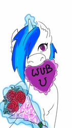 Size: 720x1280 | Tagged: safe, artist:chipperpony, dj pon-3, vinyl scratch, g4, flower, glowing horn, horn, magic, mouth hold, simple background, solo, telekinesis, valentine's day, white background, wub