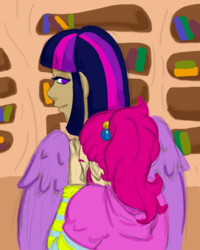 Size: 800x1000 | Tagged: safe, artist:chipperpony, pinkie pie, twilight sparkle, human, g4, female, humanized, lesbian, ship:twinkie, shipping, twilight sparkle (alicorn), winged humanization