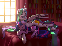 Size: 2967x2200 | Tagged: safe, artist:nadnerbd, princess celestia, twilight sparkle, alicorn, pony, unicorn, g4, backlighting, bed, cuddling, cute, cutelestia, duo, eyes closed, female, floppy ears, height difference, high res, lesbian, long mane, long tail, loose hair, lying down, mare, missing accessory, momlestia, on side, partially open wings, ship:twilestia, shipping, sleeping, slender, snuggling, sweet dreams fuel, tail, thin, twiabetes, underhoof, unicorn twilight, wings