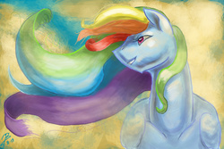 Size: 3000x2000 | Tagged: safe, artist:dragonademetal, rainbow dash, pegasus, pony, g4, abstract background, alternate hairstyle, aside glance, female, gradient background, grin, high res, looking up, mare, messy mane, smiling, solo, wing fluff