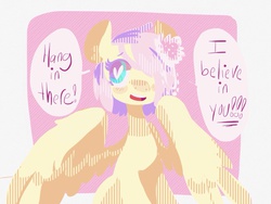 Size: 1024x768 | Tagged: safe, artist:supernoncutie, fluttershy, g4, alternate hairstyle, female, flower, flower in hair, hair over one eye, hang in there, hanging, motivation, motivational, positive ponies, sitting, solo, speech bubble, spread wings, wings