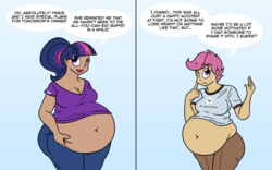 Size: 1600x1000 | Tagged: dead source, safe, artist:irateliterate, pinkie pie, scootaloo, twilight sparkle, human, ask feedee twilight, g4, bbw, belly, belly button, belly grab, big belly, chubby, cleavage, fat, female, humanized, innie belly button, lesbian, obese, scootalard, ship:twinkie, shipping, twilard sparkle