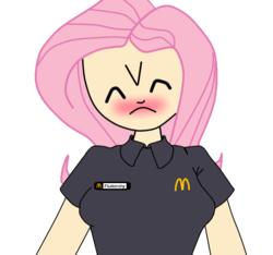 Size: 754x706 | Tagged: safe, artist:7uprulez, edit, fluttershy, human, g4, blushing, clothes, fast food, female, humanized, mcdonald's, name tag, shy, solo, uniform, working