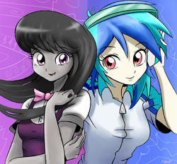 Size: 1079x1000 | Tagged: safe, artist:ryou14, dj pon-3, octavia melody, vinyl scratch, equestria girls, g4, background human, bowtie, headphones, music