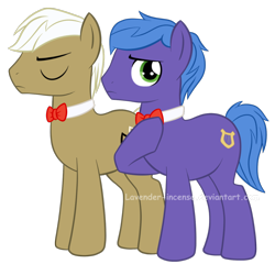 Size: 1372x1318 | Tagged: safe, artist:lavender-incense, frederic horseshoepin, parish nandermane, earth pony, pony, g4, duo, fanart, male, simple background, stallion, transparent background, watermark