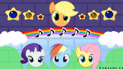 Size: 920x518 | Tagged: safe, artist:paragonaj, applejack, fluttershy, rainbow dash, rarity, g4, :i, animated, cute, female, head, look away, loop, mario party, parody, reference, style emulation, super mario bros., we bought two cakes