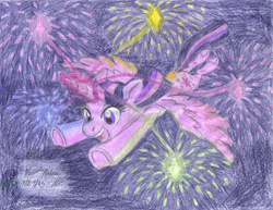 Size: 1649x1274 | Tagged: safe, artist:semijuggalo, twilight sparkle, alicorn, pony, g4, female, fireworks, flying, magic, mare, smiling, solo, traditional art, twilight sparkle (alicorn)