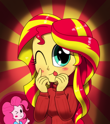 Size: 1600x1800 | Tagged: safe, artist:hoyeechun, pinkie pie, sunset shimmer, human, g4, cute, humanized, shimmerbetes, wink