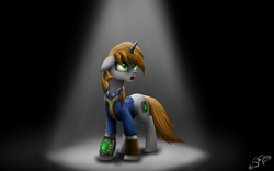 Size: 1920x1200 | Tagged: safe, artist:setharu, oc, oc only, oc:littlepip, pony, unicorn, fallout equestria, clothes, cutie mark, dark, fanfic, fanfic art, female, floppy ears, hooves, horn, jumpsuit, mare, open mouth, pipboy, pipbuck, signature, solo, spotlight, standing, teeth, vault suit