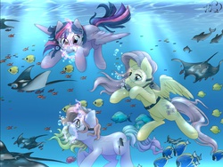 Size: 1280x960 | Tagged: safe, artist:lampehannah, fluttershy, twilight sparkle, oc, oc:spectrum, alicorn, fish, manta ray, pegasus, pony, g4, bubble, crepuscular rays, cute, digital art, dive mask, diving, female, flowing mane, flowing tail, glowing, glowing horn, goggles, horn, looking at each other, looking at someone, magic, mare, ocean, pink mane, pink tail, scuba gear, spread wings, sunlight, swimming, tail, twilight sparkle (alicorn), underwater, water, wings