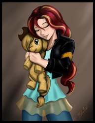 Size: 2550x3295 | Tagged: safe, artist:aspirantedeartista, applejack, sunset shimmer, equestria girls, g4, female, high res, humanized, implied shipping, lesbian, plushie, ship:appleshimmer, shipping