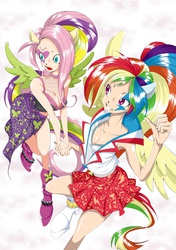 Size: 1102x1561 | Tagged: safe, artist:ddd1983, fluttershy, rainbow dash, equestria girls, g4, my little pony equestria girls: rainbow rocks, armpits, cleavage, eared humanization, female, humanized, light skin, midriff, pixiv, winged humanization