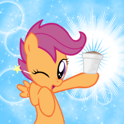 Size: 1000x1000 | Tagged: safe, artist:f1nel1ne, scootaloo, g4, bubble, cup, cup of dirt, dirt, female, looking at you, solo, stars, wink