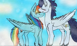 Size: 512x308 | Tagged: safe, artist:xxuniversaltrashxx, rainbow dash, soarin', pegasus, pony, g4, female, male, mare, old cutie mark, ship:soarindash, shipping, stallion, straight