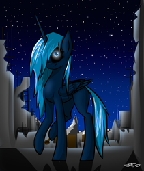 Size: 1268x1500 | Tagged: safe, oc, oc only, alicorn, pony, fallout equestria, alicorn oc, creepy, glowing eyes, hair over one eye, looking at you, night, raised hoof, raised leg, smiling, solo, wide eyes