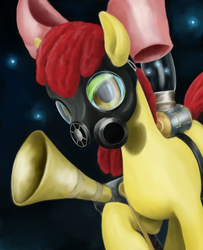 Size: 1218x1500 | Tagged: safe, artist:phiktorial, apple bloom, g4, device, female, gas mask, pest control gear, pest pony, solo, twitbuster apple bloom