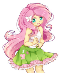 Size: 700x872 | Tagged: safe, artist:lyra-kotto, fluttershy, equestria girls, g4, clothes, female, shirt, simple background, skirt, solo, white background, worried
