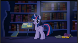 Size: 1009x561 | Tagged: safe, screencap, twilight sparkle, alicorn, pony, amending fences, g4, season 5, book, bookshelf, discovery family logo, female, folded wings, mare, predictions and prophecies, solo, twilight sparkle (alicorn), twilight's canterlot home, wings