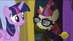 Size: 1920x1080 | Tagged: safe, screencap, moondancer, twilight sparkle, alicorn, pony, unicorn, amending fences, g4, season 5, broken glasses, door, eyebrows, female, glasses, hikikomori, mare, twilight sparkle (alicorn)