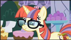 Size: 981x557 | Tagged: safe, screencap, moondancer, pony, unicorn, amending fences, g4, season 5, discovery family, discovery family logo, female, glasses, letterboxing, logo, mare, smiling, solo