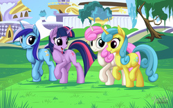 Size: 2560x1600 | Tagged: safe, artist:mysticalpha, lemon hearts, minuette, twilight sparkle, twinkleshine, pony, unicorn, amending fences, g4, canterlot, female, group, looking at each other, mare, open mouth, raised hoof, smiling, unicorn twilight, walking, wallpaper