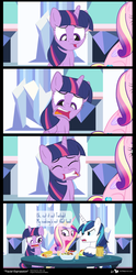 Size: 590x1190 | Tagged: safe, artist:dm29, princess cadance, shining armor, twilight sparkle, alicorn, pony, g4, party pooped, 4koma, comic, faic, salad, taco, they're just so cheesy, twilight sparkle (alicorn)