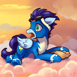 Size: 1500x1500 | Tagged: safe, artist:kp-shadowsquirrel, soarin', pegasus, pony, g4, cloud, cloudy, gasp, goggles, looking back, male, open mouth, pie, prone, solo, stallion, that pony sure does love pies, wonderbolts uniform